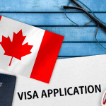 Canada Visa Application with Canadian flag, passport, and documents.