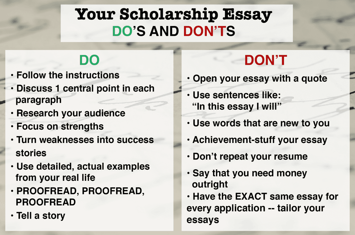 A chart titled Your Scholarship Essay DOS AND DONTS. The left column offers tips on how to write a winning scholarship essay, like following instructions and proofreading; the right warns against using quotes or simply repeating your resume.