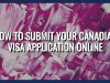 Submit Canadian Visa Application Online – Step-by-Step Guide Text reads How to submit your Canadian visa application online over an abstract background with white, pink, and purple brushstrokes, all framed by a dark blue border.