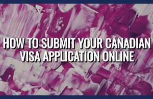 Submit Canadian Visa Application Online – Step-by-Step Guide Text reads How to submit your Canadian visa application online over an abstract background with white, pink, and purple brushstrokes, all framed by a dark blue border.