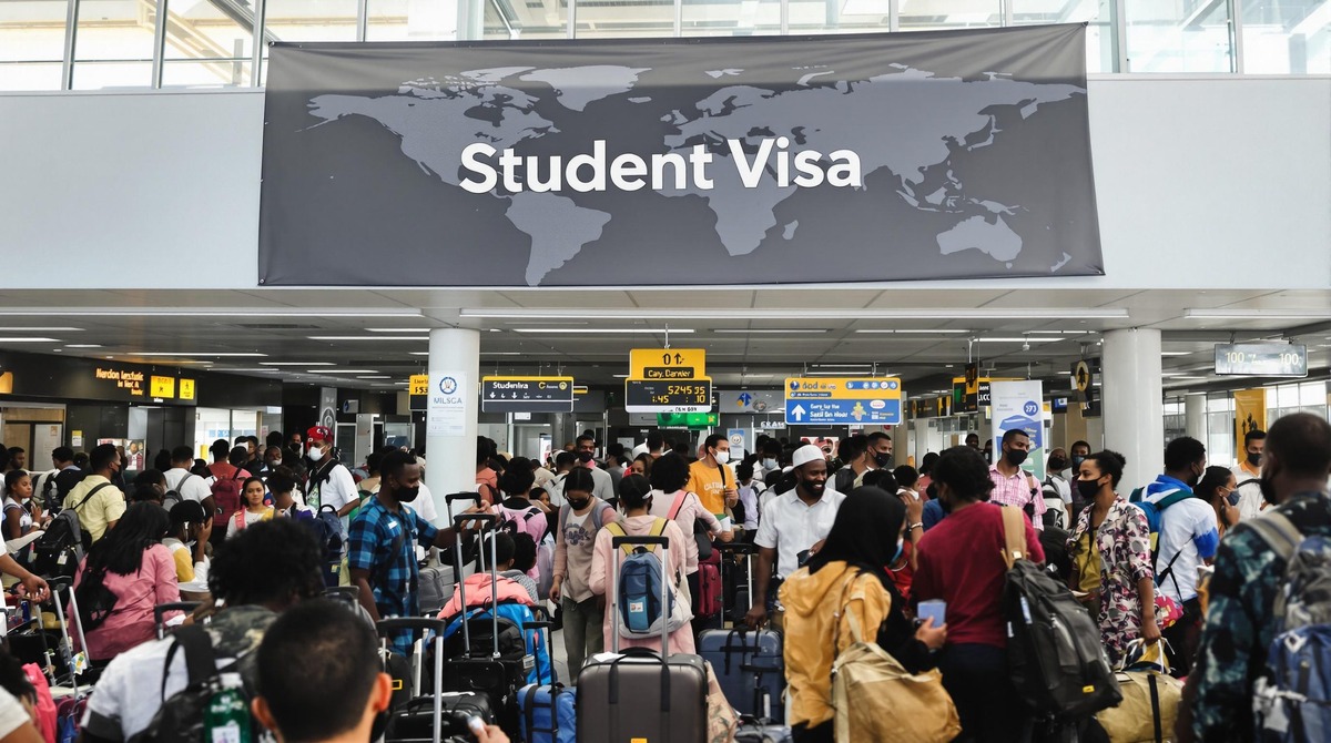A crowded airport terminal buzzes with students from diverse backgrounds, many aiming for a Nigerian student visa. Above them, a world map sign reads Student Visa as they carry their luggage to new academic journeys.