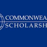 A blue background with a white outlined globe on the left and the text “Commonwealth UK Scholarships” in uppercase white letters to the right.