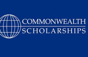 The Ultimate Guide to Commonwealth UK Scholarships: Eligibility and Application Process A blue background with a white outlined globe on the left and the text “Commonwealth UK Scholarships” in uppercase white letters to the right.
