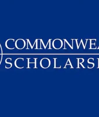 The Ultimate Guide to Commonwealth UK Scholarships: Eligibility and Application Process A blue background with a white outlined globe on the left and the text “Commonwealth UK Scholarships” in uppercase white letters to the right.