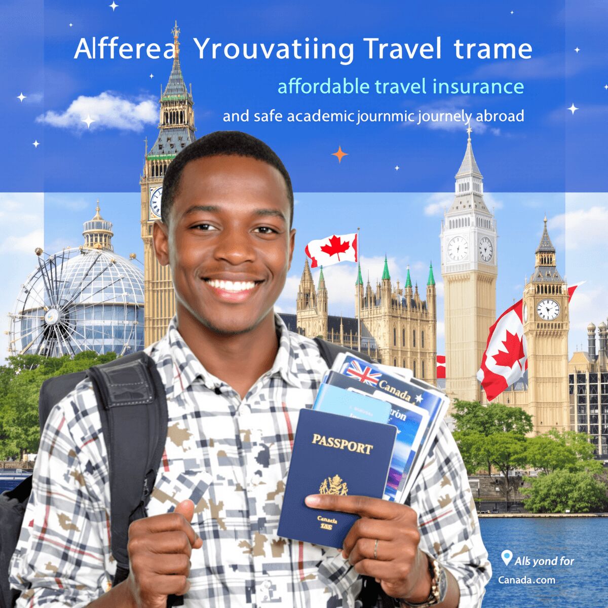 A smiling young man with a backpack holds a passport and travel documents. Behind him are landmarks like Big Ben and the London Eye, Canadian flags, and text promoting the cheapest travel insurance in Nigeria.