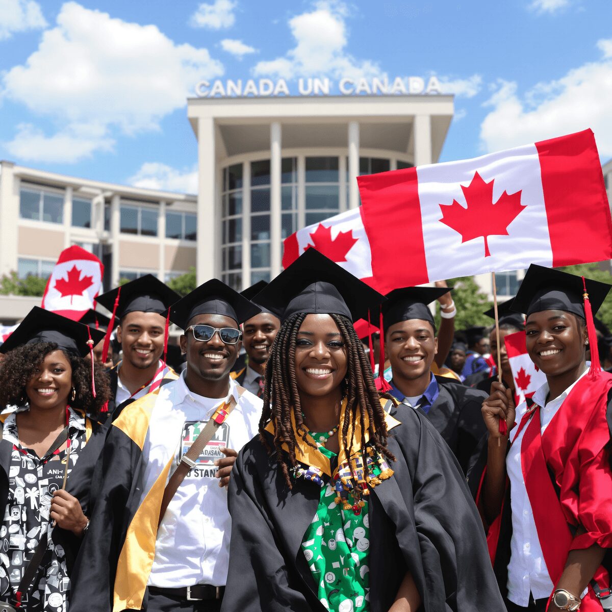 A diverse group of graduates in caps and gowns smile and hold Canadian flags in front of a building with Canada written on it, celebrating their achievement—thanks to a fully funded scholarship in Canada for African students—on a sunny day.