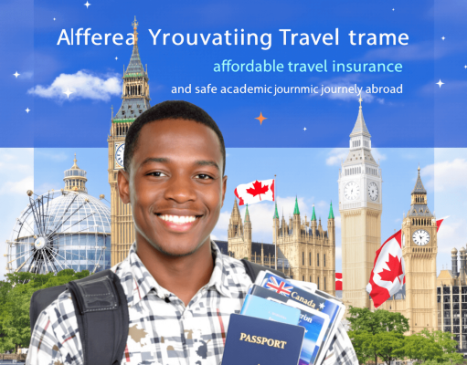 Top 10 Cheapest Travel Insurance for Nigerian Students 2025 A smiling young man with a backpack holds a passport and travel documents. Behind him are landmarks like Big Ben and the London Eye, Canadian flags, and text promoting the cheapest travel insurance in Nigeria.