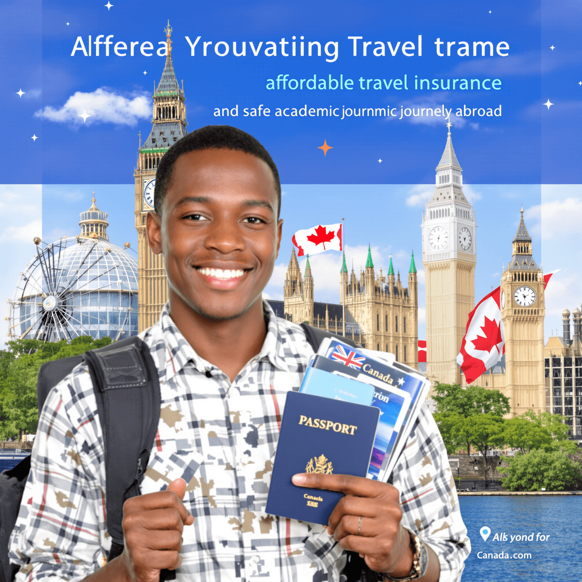A smiling young man with a backpack holds a passport and travel documents. Behind him are landmarks like Big Ben and the London Eye, Canadian flags, and text promoting the cheapest travel insurance in Nigeria.