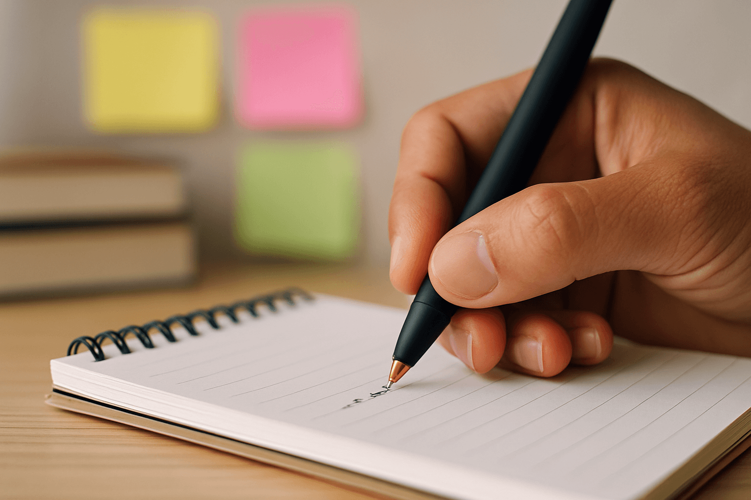 A close-up of a hand holding a pen and writing scholarship-recommendation-letters in a spiral notebook on a desk, with blurred sticky notes and books in the background.