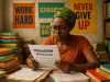 Scholarships for Low CGPA Nigerian Students 2024 | Top Programs & Tips to Apply A young woman wearing glasses and a headscarf reads a scholarships for low CGPA Nigerian students 2024 application form at a desk with stacks of books. Motivational posters like Work Hard and Never Give Up are on the wall behind her.