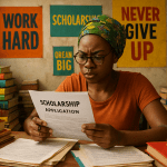 A young woman wearing glasses and a headscarf reads a scholarships for low CGPA Nigerian students 2024 application form at a desk with stacks of books. Motivational posters like Work Hard and Never Give Up are on the wall behind her.