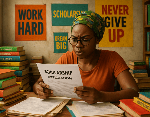 Scholarships for Low CGPA Nigerian Students 2024 | Top Programs & Tips to Apply A young woman wearing glasses and a headscarf reads a scholarships for low CGPA Nigerian students 2024 application form at a desk with stacks of books. Motivational posters like Work Hard and Never Give Up are on the wall behind her.