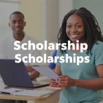 Two students sit at desks with laptops and notebooks, smiling. The text “Scholarship Scholarships: no IELTS requirement for African students” is displayed in large white letters over the image.