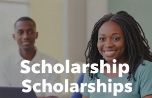 Scholarships With No IELTS Requirement for African Students Two students sit at desks with laptops and notebooks, smiling. The text “Scholarship Scholarships: no IELTS requirement for African students” is displayed in large white letters over the image.