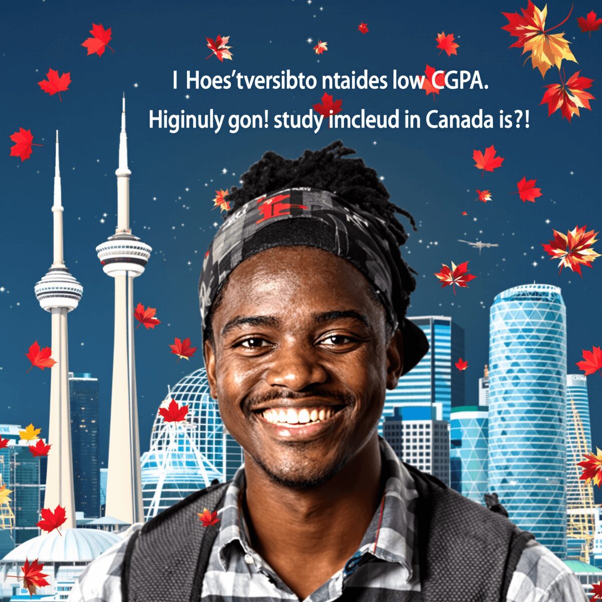 A smiling young man stands before Toronto’s CN Tower, with falling maple leaves and jumbled text about Canada scholarships for Nigerian students with low CGPA.