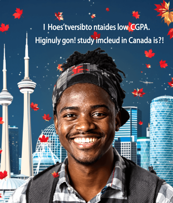 Canada Scholarships for Nigerian Students with 2.0–2.5 CGPA (2025 Full Guide) A smiling young man stands before Toronto’s CN Tower, with falling maple leaves and jumbled text about Canada scholarships for Nigerian students with low CGPA.