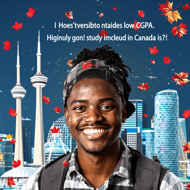A smiling young man stands before Toronto’s CN Tower, with falling maple leaves and jumbled text about Canada scholarships for Nigerian students with low CGPA.