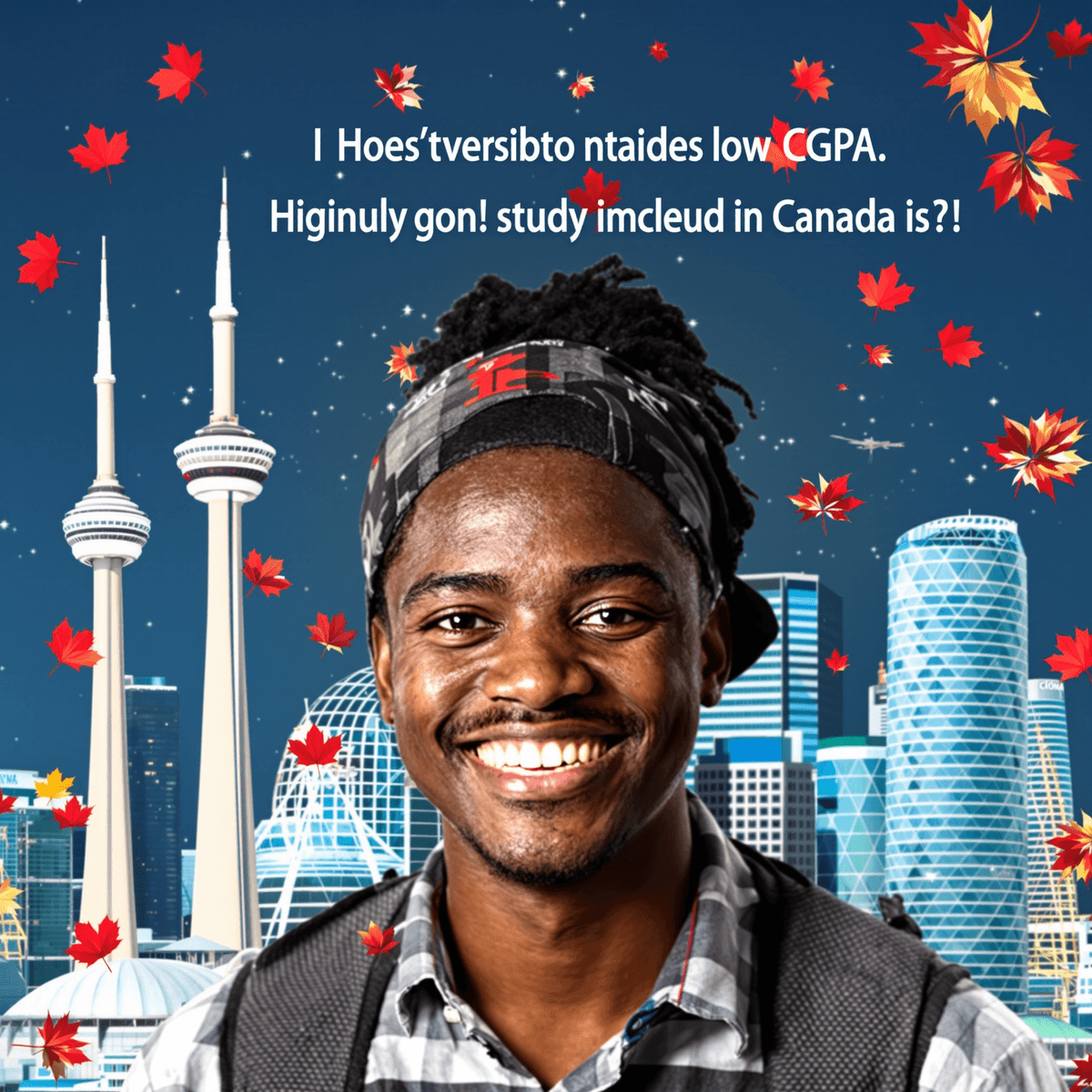 A smiling young man stands before Toronto’s CN Tower, with falling maple leaves and jumbled text about Canada scholarships for Nigerian students with low CGPA.