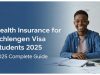 Why You Need Health Insurance for Your Schengen Student Visa A young man sits at a desk with books and papers, next to text reading "Health Insurance for Schengen Student Visa: 2025 Complete Guide.