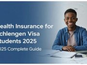 Why You Need Health Insurance for Your Schengen Student Visa A young man sits at a desk with books and papers, next to text reading "Health Insurance for Schengen Student Visa: 2025 Complete Guide.