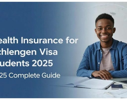 Why You Need Health Insurance for Your Schengen Student Visa A young man sits at a desk with books and papers, next to text reading "Health Insurance for Schengen Student Visa: 2025 Complete Guide.