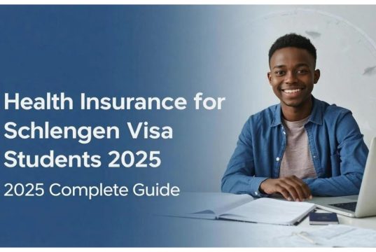 Why You Need Health Insurance for Your Schengen Student Visa A young man sits at a desk with books and papers, next to text reading "Health Insurance for Schengen Student Visa: 2025 Complete Guide.