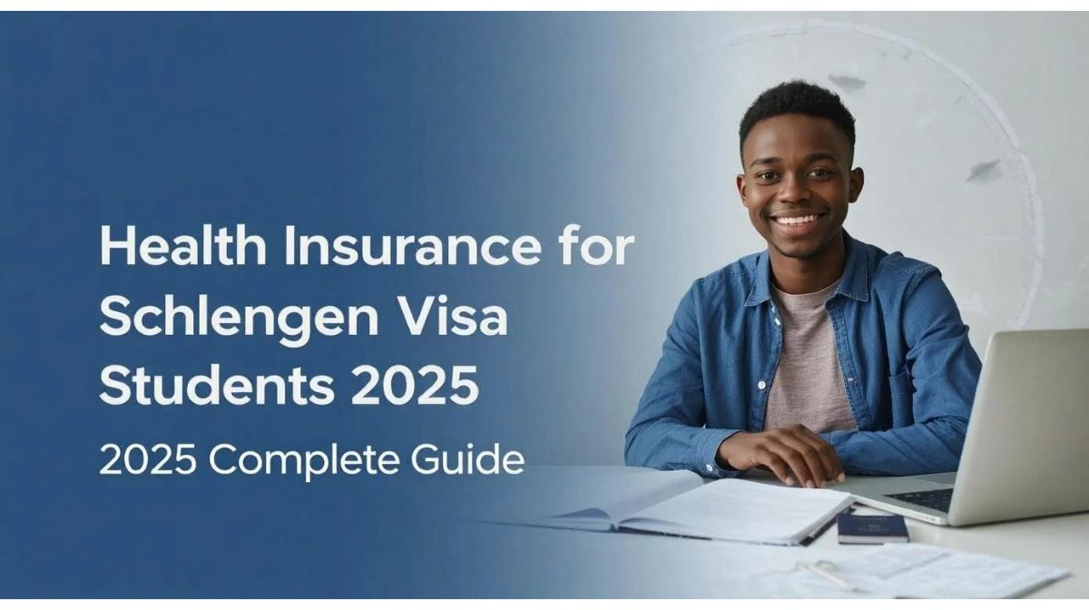 A young man sits at a desk with books and papers, next to text reading "Health Insurance for Schengen Student Visa: 2025 Complete Guide.