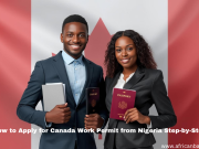 How to Apply for a Canada Work Permit from Nigeria (2025) Two professionally dressed people holding passports and documents stand before a Canadian flag. Text at the bottom reads, "How to Apply for Canada Work Permit from Nigeria Step-by-Step." A helpful visual guide for Canada Work Permit from Nigeria applicants.