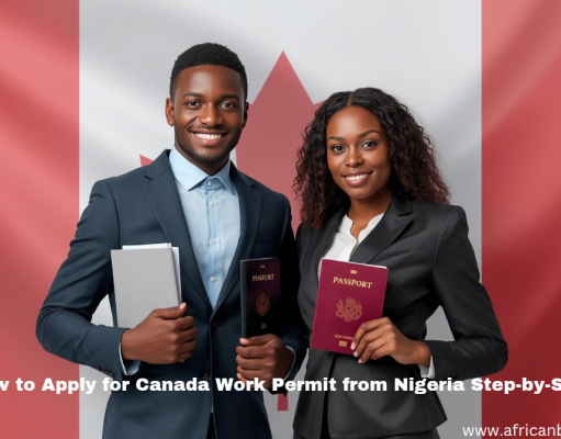 How to Apply for a Canada Work Permit from Nigeria (2025) Two professionally dressed people holding passports and documents stand before a Canadian flag. Text at the bottom reads, "How to Apply for Canada Work Permit from Nigeria Step-by-Step." A helpful visual guide for Canada Work Permit from Nigeria applicants.