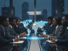 What is Diplomacy? A Career Guide for Future African Leaders A group of professionals in business attire sit across from each other at a conference table, engaging in diplomacy as a digital world map and network connections are projected above them in a modern office at night.
