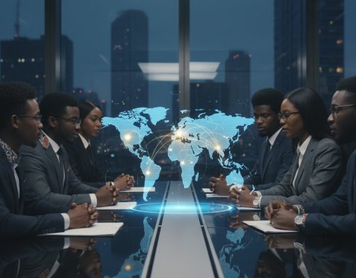 What is Diplomacy? A Career Guide for Future African Leaders A group of professionals in business attire sit across from each other at a conference table, engaging in diplomacy as a digital world map and network connections are projected above them in a modern office at night.
