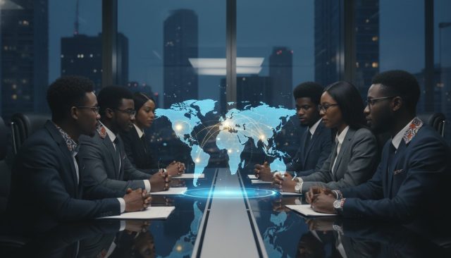 A group of professionals in business attire sit across from each other at a conference table, engaging in diplomacy as a digital world map and network connections are projected above them in a modern office at night.