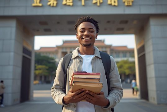 Is China Still Affordable for Nigerian Students in 2026? Real Costs Revealed A student holding books and wearing a backpack stands in front of a university gate with Chinese characters on the sign above, highlighting how China is becoming more affordable for Nigeria students in 2026.