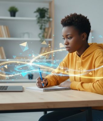 How to write a Scholarship Essay: Tips & Examples for African Students A person in a yellow hoodie works at a desk with a laptop and notebook, surrounded by digital, glowing geometric graphics—perfectly capturing the focus needed to master scholarship essay examples for African students.