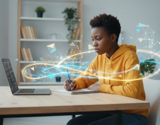How to write a Scholarship Essay: Tips & Examples for African Students A person in a yellow hoodie works at a desk with a laptop and notebook, surrounded by digital, glowing geometric graphics—perfectly capturing the focus needed to master scholarship essay examples for African students.