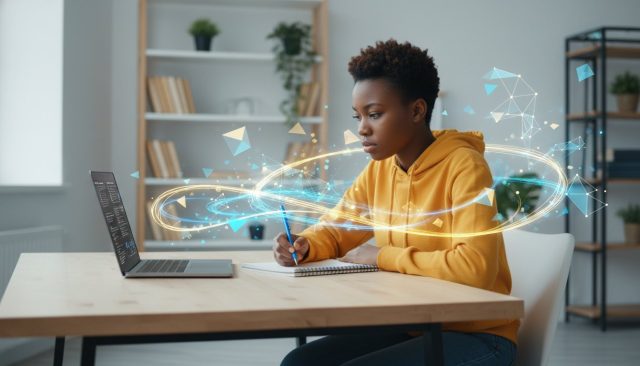 A person in a yellow hoodie works at a desk with a laptop and notebook, surrounded by digital, glowing geometric graphics—perfectly capturing the focus needed to master scholarship essay examples for African students.