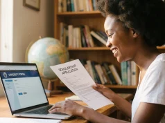 How to Apply for Study Abroad Scholarships from Africa A student sits at a desk smiling while holding a scholarships for study abroad application form and using a laptop showing a university portal login page. Bookshelves and a globe are in the background.