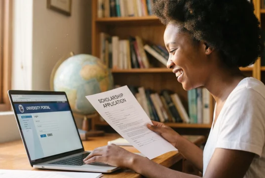 How to Apply for Study Abroad Scholarships from Africa A student sits at a desk smiling while holding a scholarships for study abroad application form and using a laptop showing a university portal login page. Bookshelves and a globe are in the background.