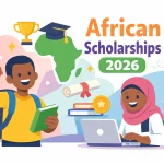 An illustration of two happy African students, one with a backpack and book, the other in a hijab using a laptop. Icons of a trophy, diploma, books, and Africa map appear. Text reads: African Scholarship 2026.