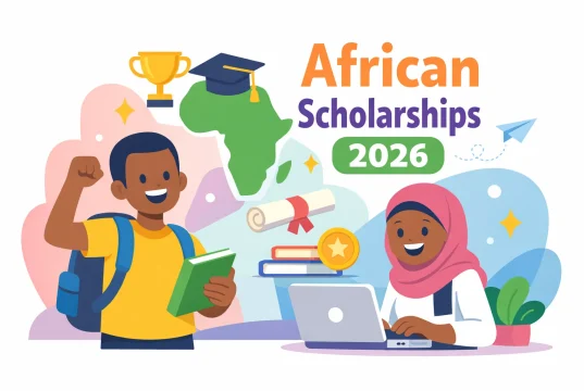 Why Consider an African Scholarship? Top Benefits & Opportunities An illustration of two happy African students, one with a backpack and book, the other in a hijab using a laptop. Icons of a trophy, diploma, books, and Africa map appear. Text reads: African Scholarship 2026.