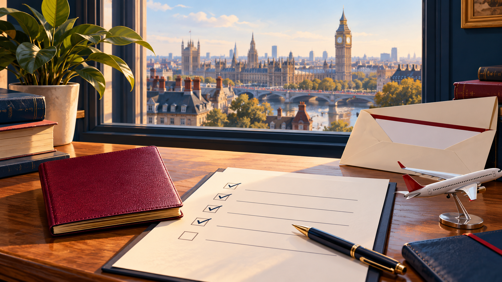 Illustrated visa checklist, passport and admission envelope on a desk overlooking London