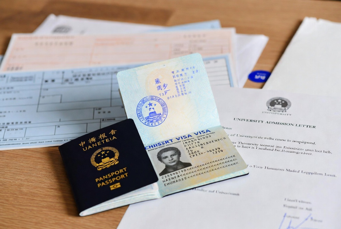 Chinese student visa application documents including passport and JW202 form — how to apply for a Chinese student visa