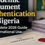 Academic document authentication in Nigeria with certified university documents and official verification stamp