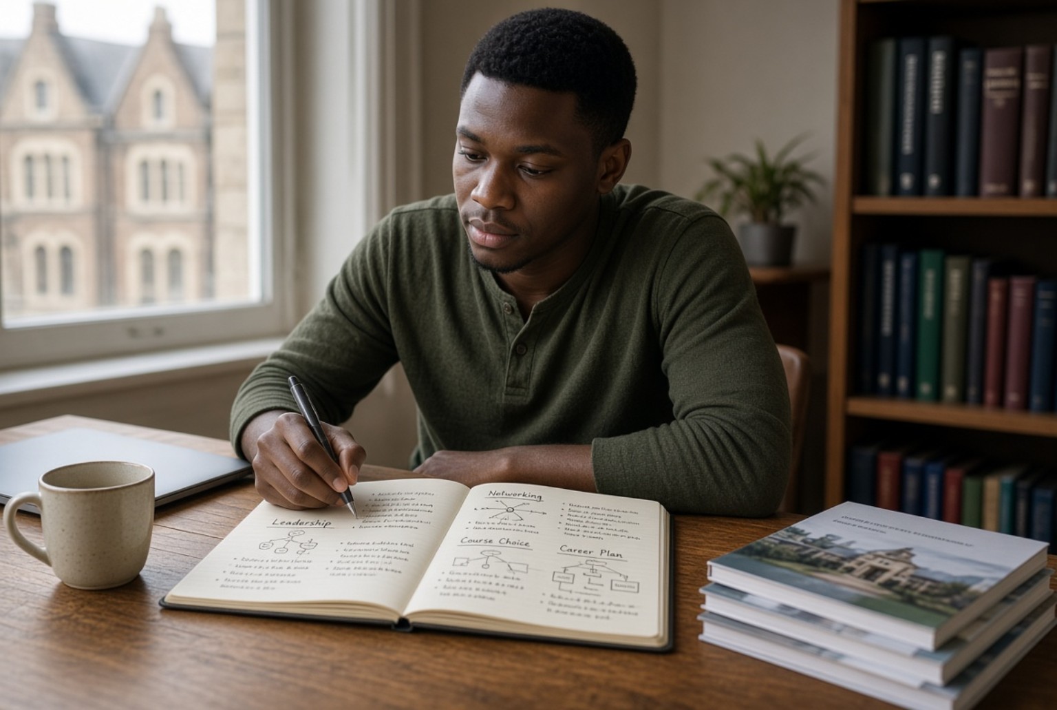 Nigerian student planning Chevening scholarship essays on leadership, networking, course choice and career plan