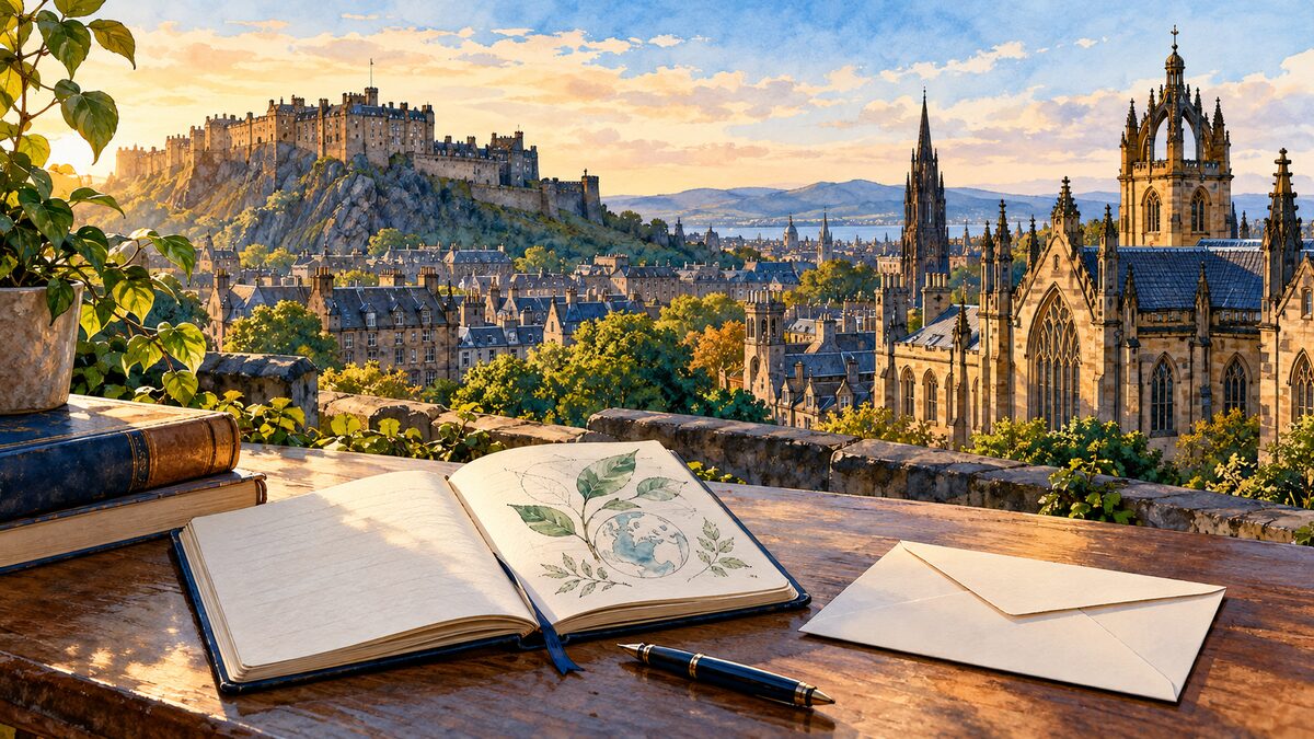 Illustrated Edinburgh skyline with a notebook showing a climate motif and an application envelope