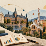 Editorial illustration of four European study destinations connected by routes above a public policy notebook