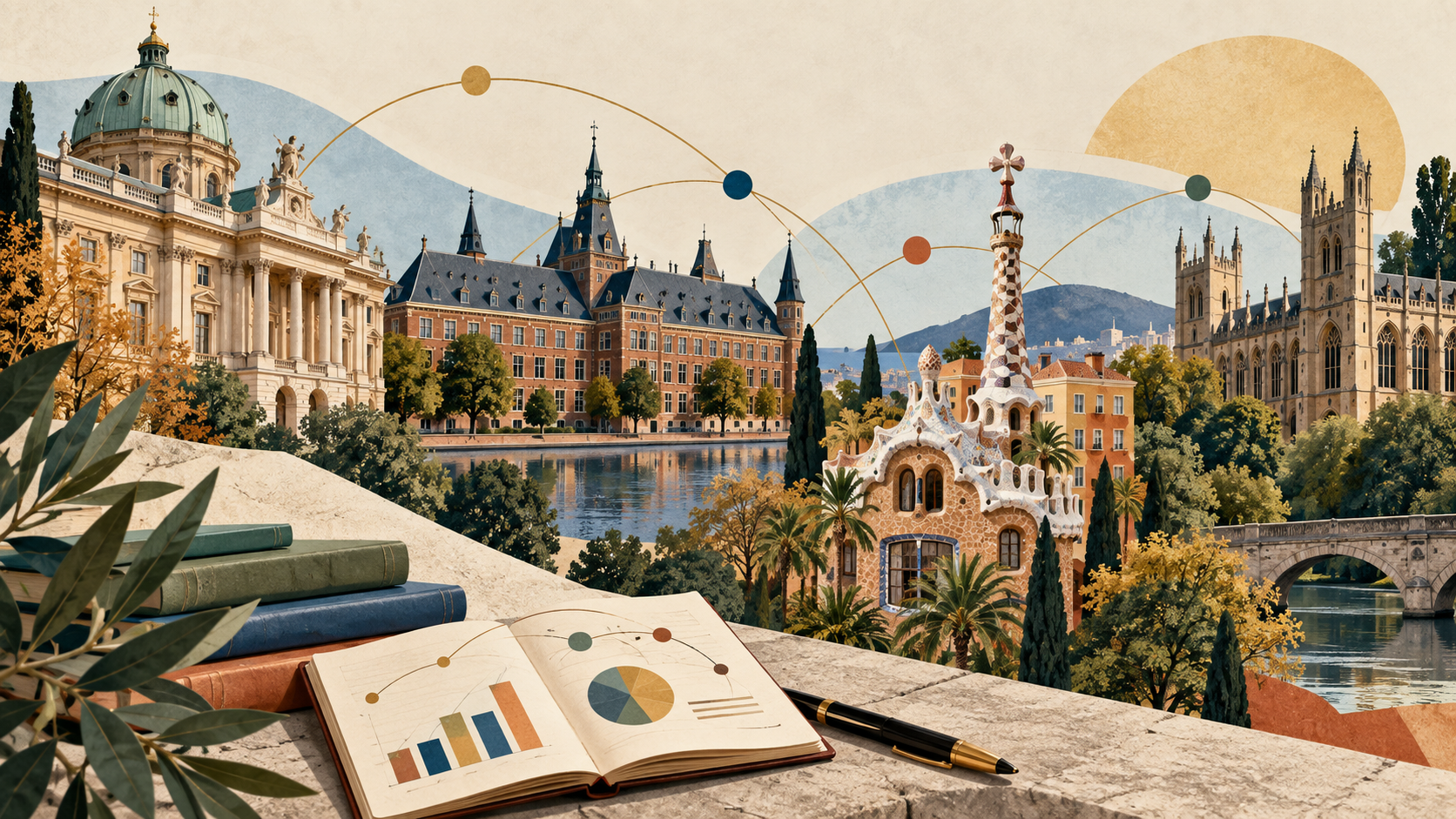 Editorial illustration of four European study destinations connected by routes above a public policy notebook