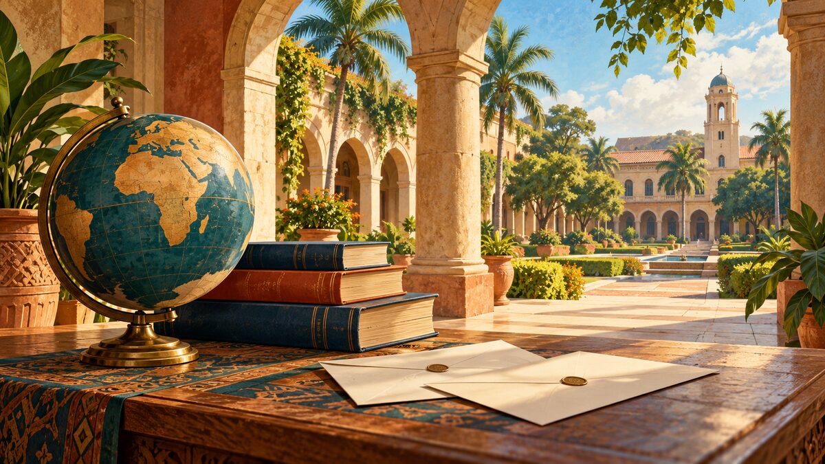 Illustrated university courtyard with a globe centred on Africa, books and application letters