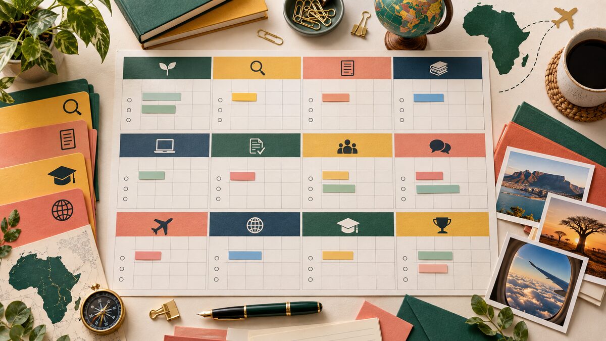 Colour-coded annual scholarship application planning calendar for African students