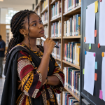Nigerian graduate compares scholarship option sheets on a library board